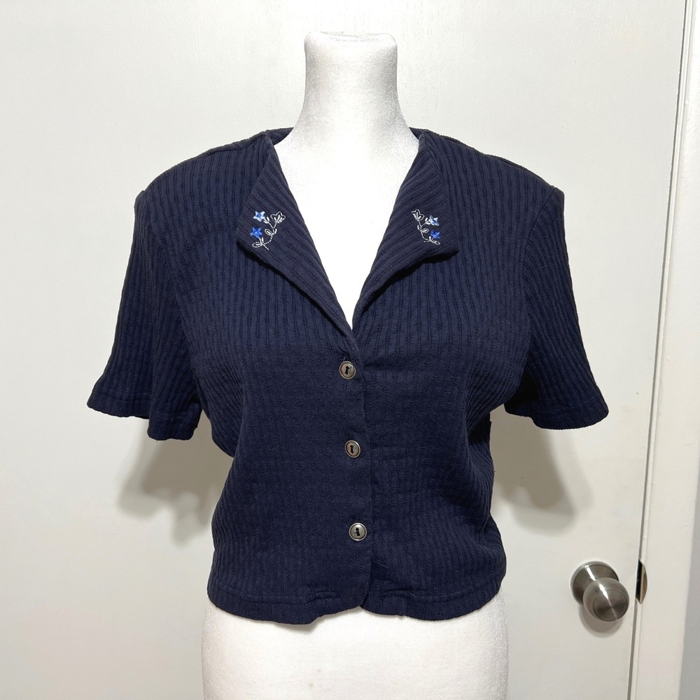 Petite Focus Vintage Ribbed Floral Embroidered Cropped Cardigan‎ Navy Size 16